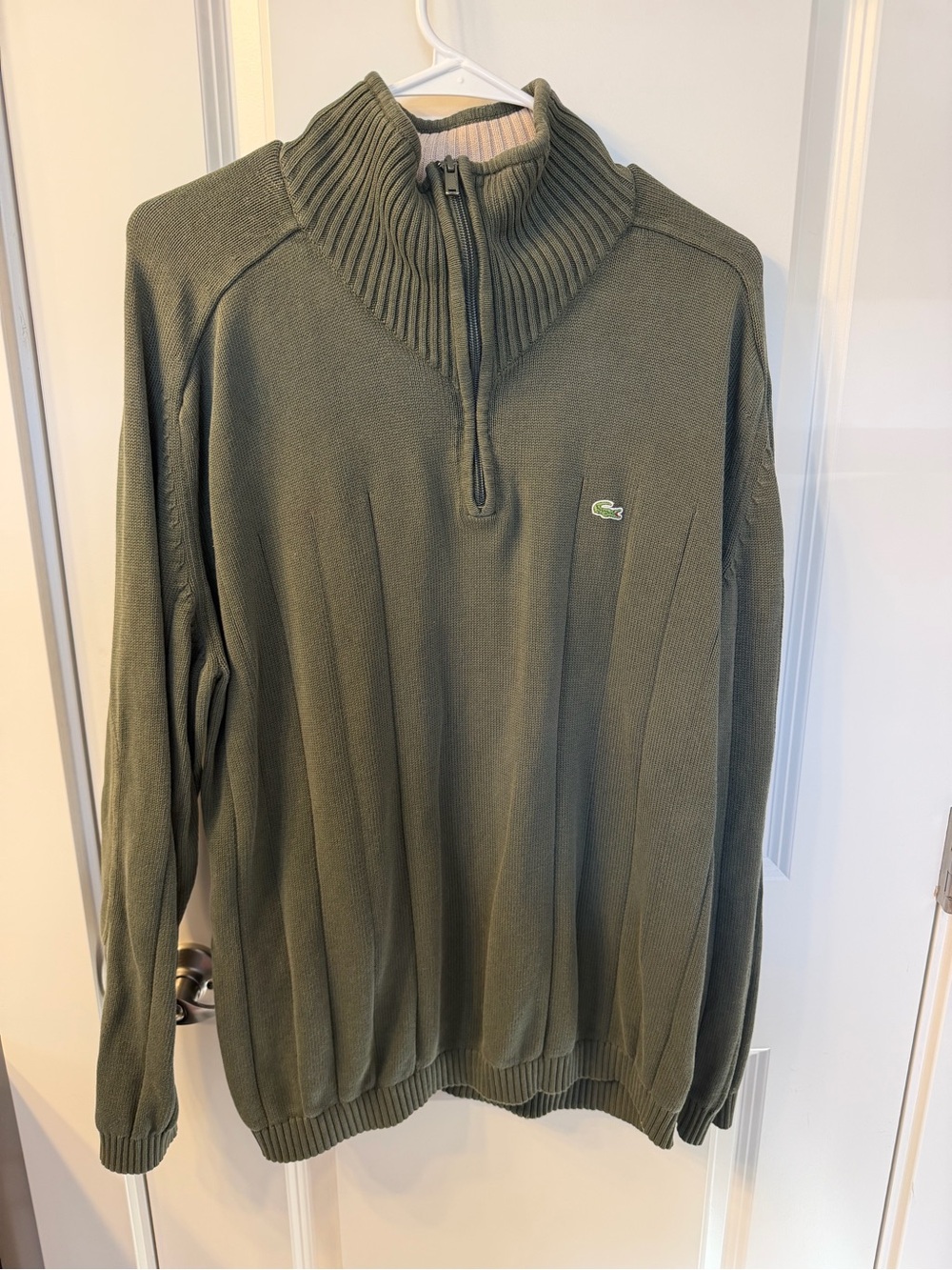 Lacoste Men's Olive Green Quarter-Zip Ribbed Collar Sweater